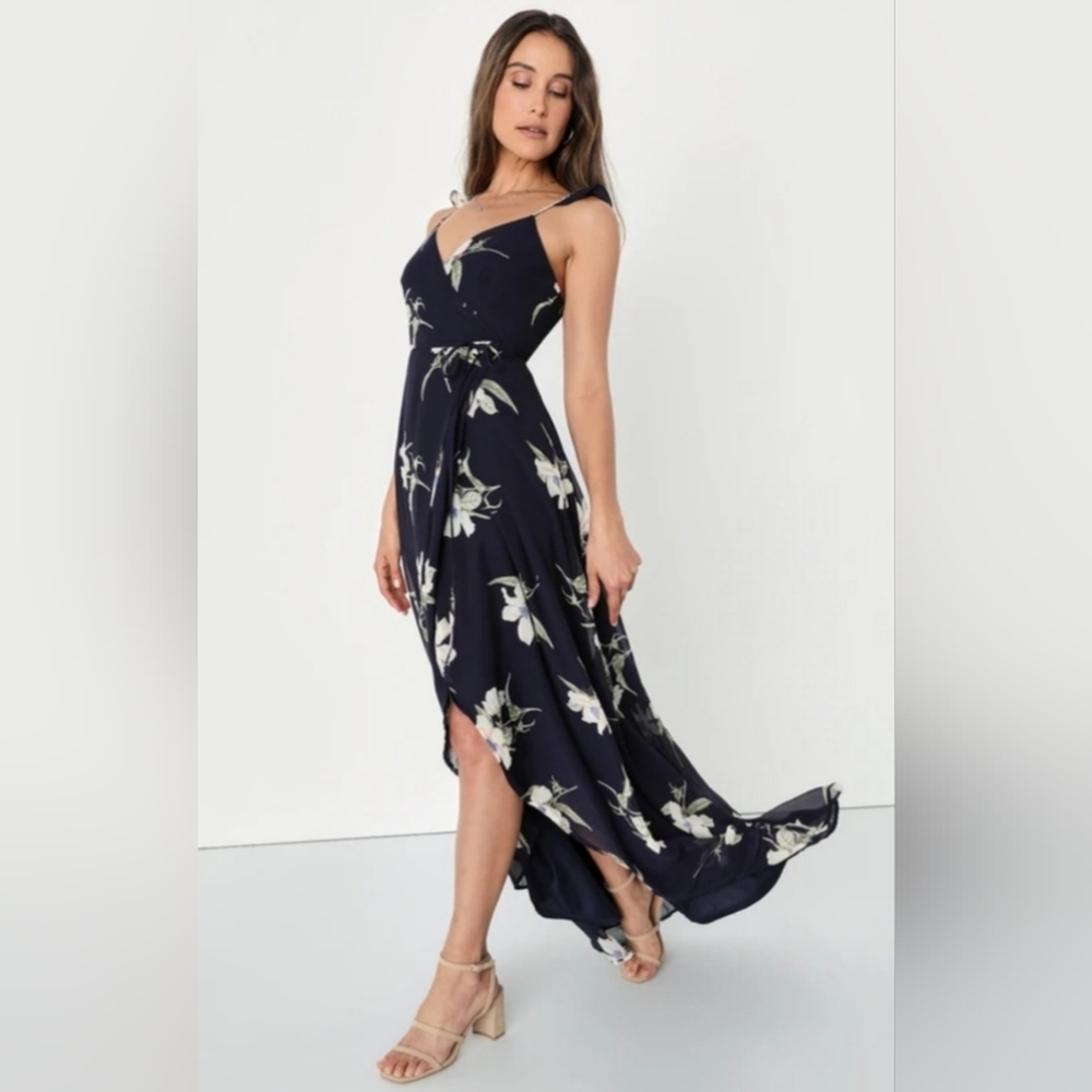 Lulus All Mine Women's Navy Blue Floral Print High Low Wrap Dress Size XS NWOT
